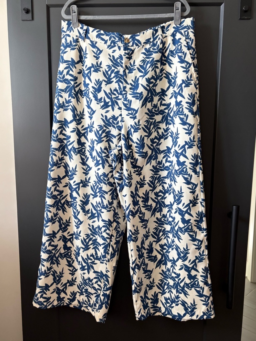 Hayden Cream and Blue Leaf-Print Wide Leg Pants